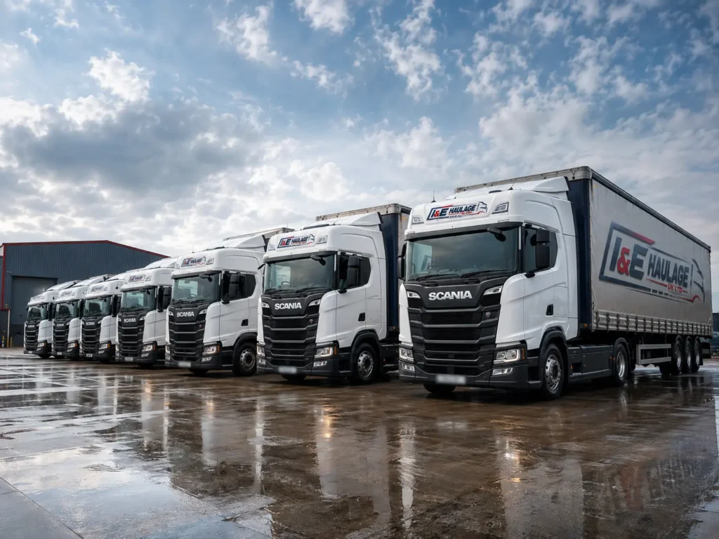 I&E Haulage fleet of commercial trucks at transport depot